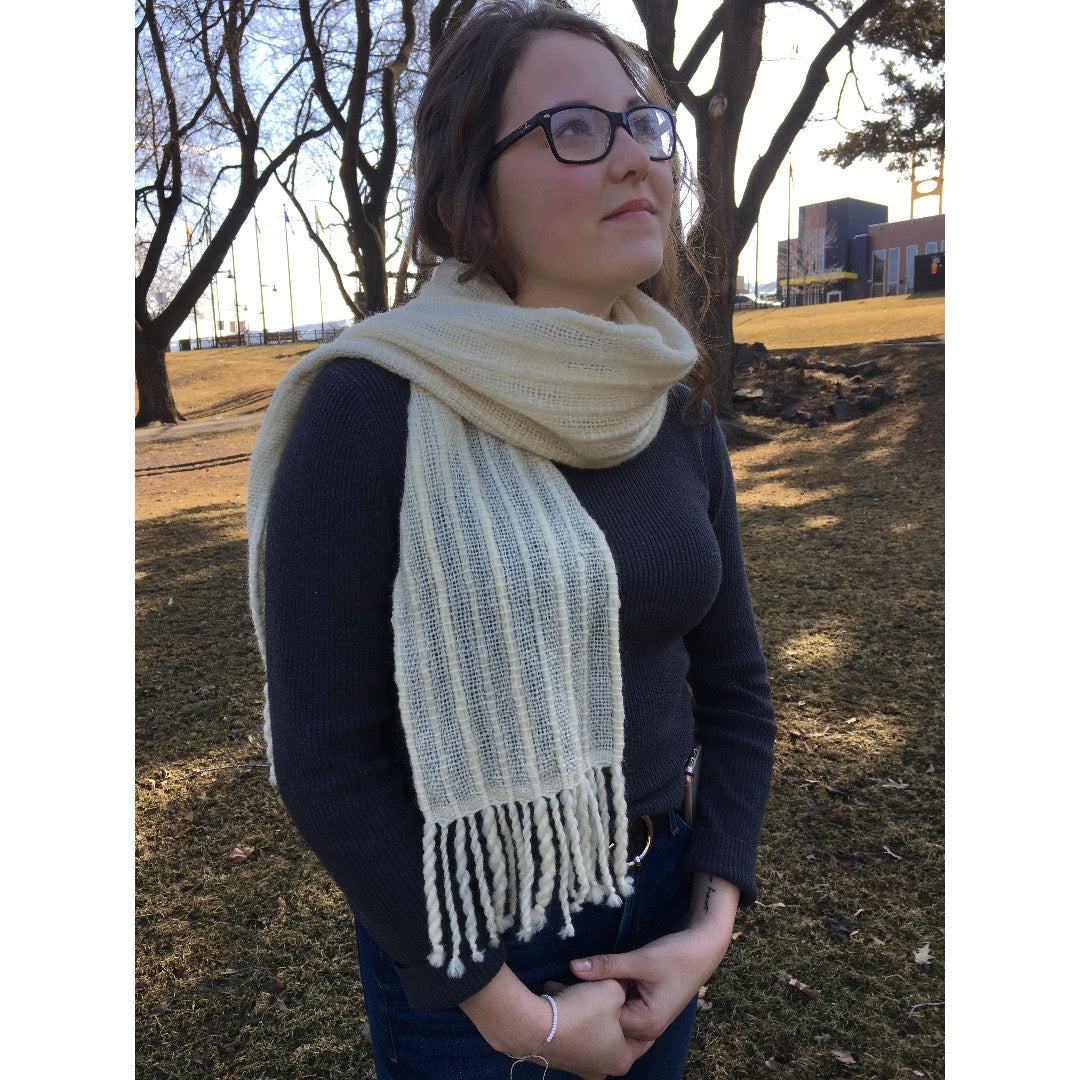 Model wearing Woven Thick and Thin scarf