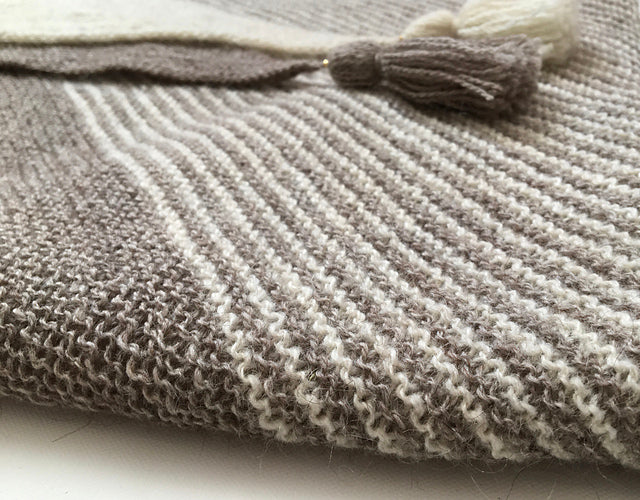 Close-up photo of shawl knit with Copaca and Moco Latte fingering yarn