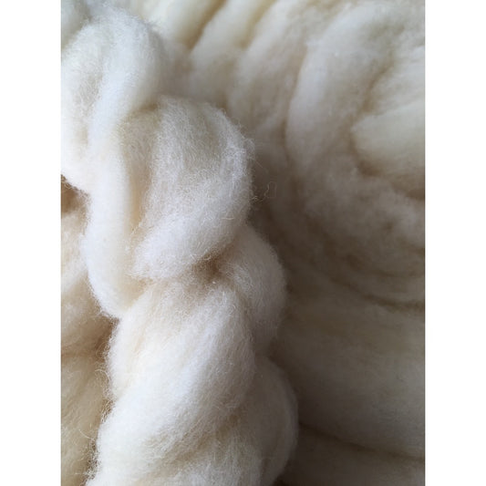 Close-up of braided and spiraled Corriedale roving