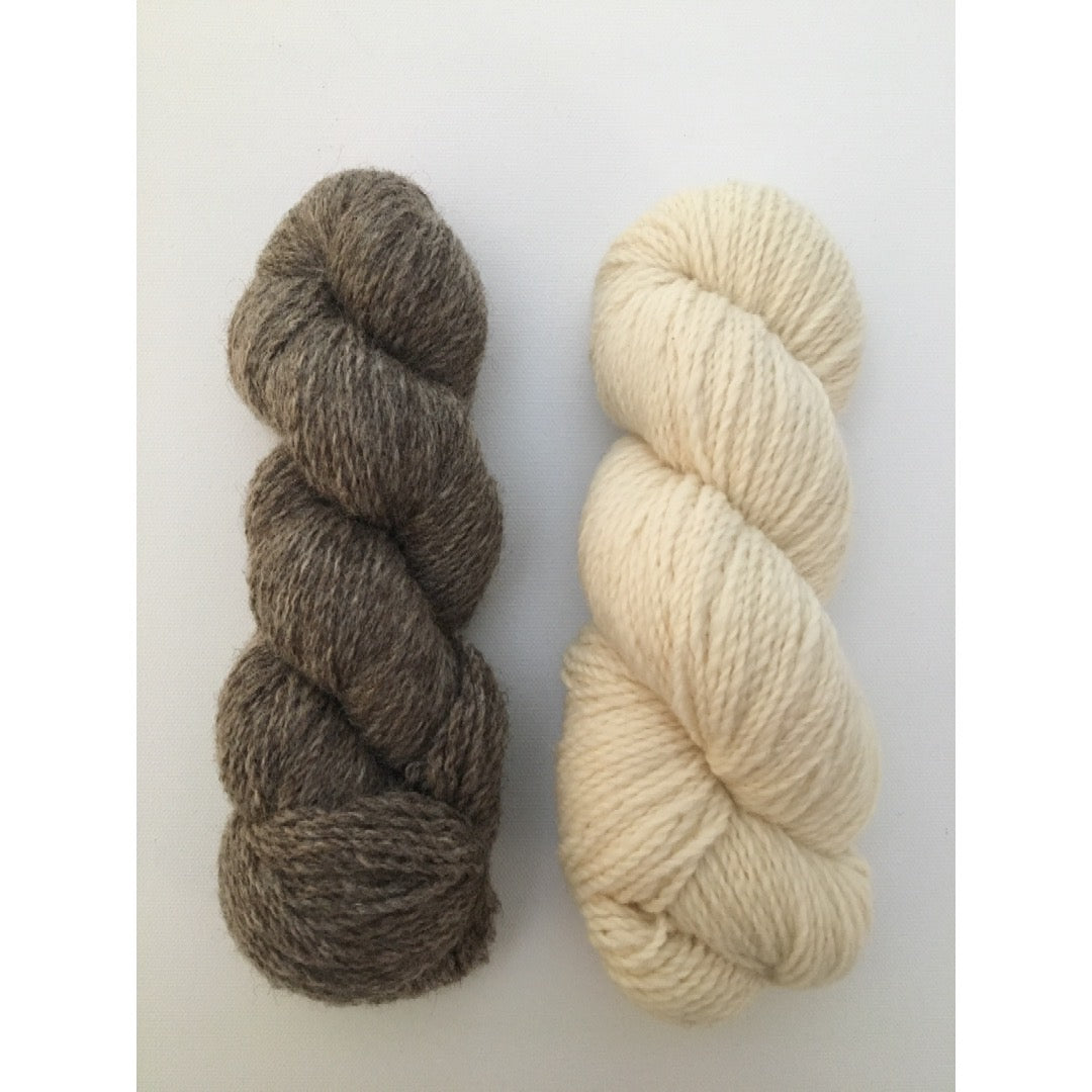 Two hanks of worsted weight yarn, medium brown on left and soft white on the right