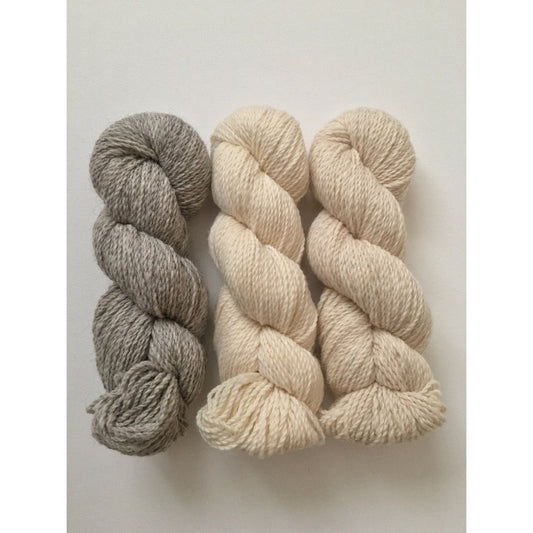 Three hanks of Ramo worsted weight yarn in different colours