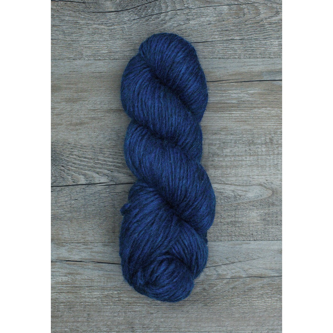 One hank of Romney Bulky yarn in Sapphire colorway.