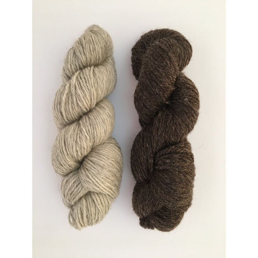 Two hanks of Romo worsted weight yarn in different colours