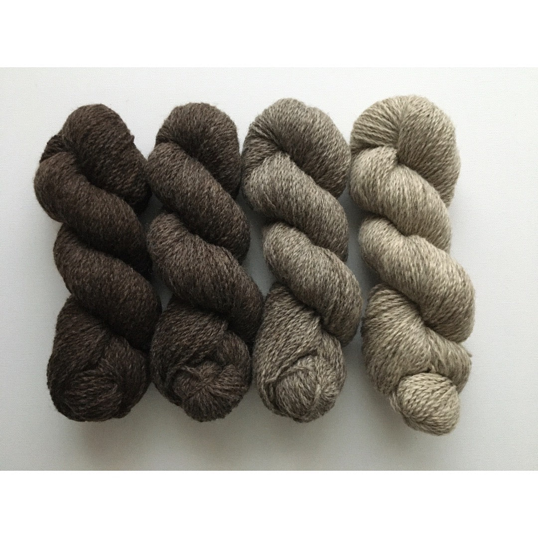 Four hanks of worsted weight undyed 100 percent wool yarn. From left to right, dark brown, heather brown, dark gray, light brown-grey