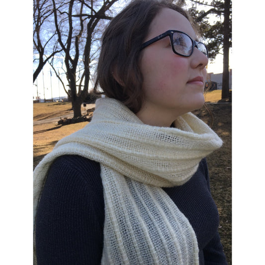Close up of Woven Thick and Thin scarf on model